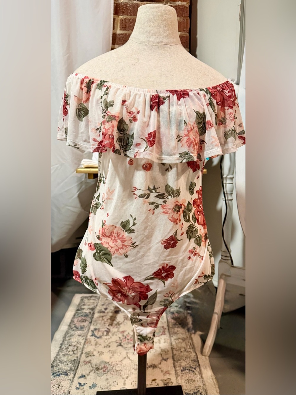 Floral Off-Shoulder Cream Bodysuit with Pink & Green Print